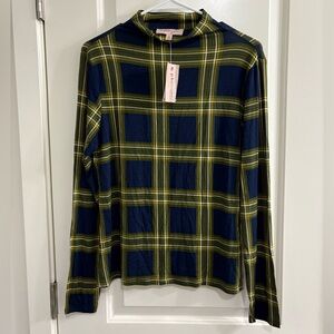 Philosophy Navy and Olive Plaid Mock Turtleneck Shirt